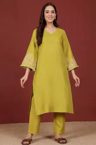 Yellow floral printed cotton blend kurta trouser set