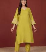 Yellow floral printed cotton blend kurta trouser set