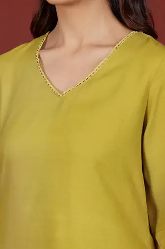 Yellow floral printed cotton blend kurta trouser set