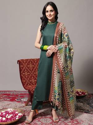 Green floral printed cotton blend kurta trouser dupatta set 1
