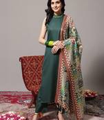 Green floral printed cotton blend kurta trouser dupatta set