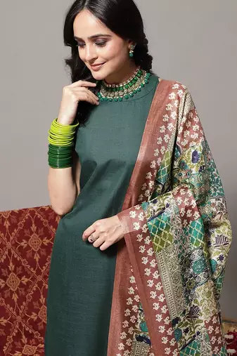 Green floral printed cotton blend kurta trouser dupatta set