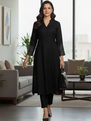 Black floral printed cotton blend kurta trouser set 1