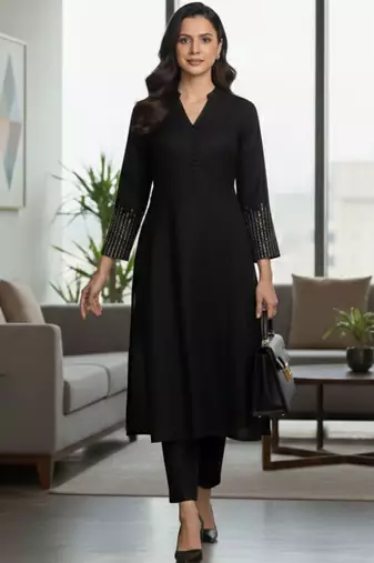 Black floral printed cotton blend kurta trouser set