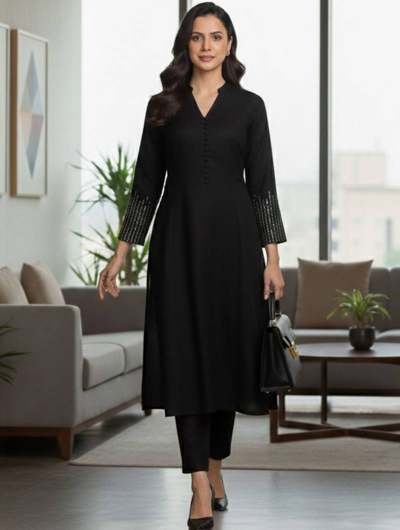 Black floral printed cotton blend kurta trouser set
