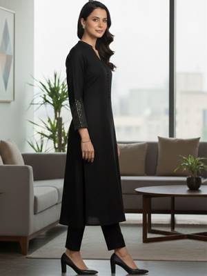 Black floral printed cotton blend kurta trouser set 2