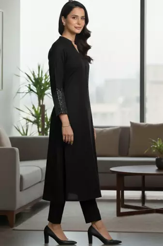 Black floral printed cotton blend kurta trouser set