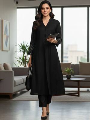 Black floral printed cotton blend kurta trouser set 4