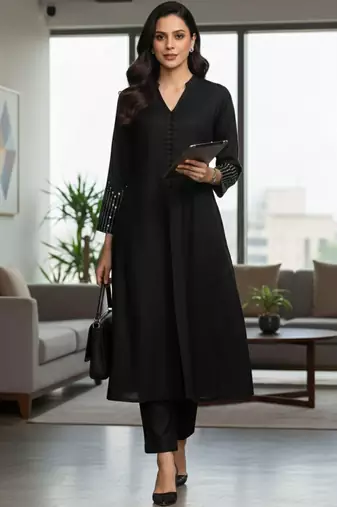 Black floral printed cotton blend kurta trouser set