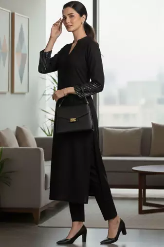 Black floral printed cotton blend kurta trouser set