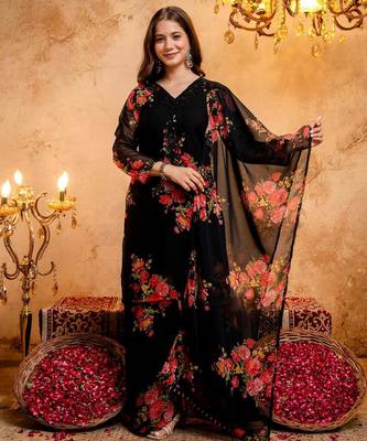 Women's Gorgeous Printed Work Faux Georgette Fabric Straight Kurta Palazzo and Dupatta Set 1
