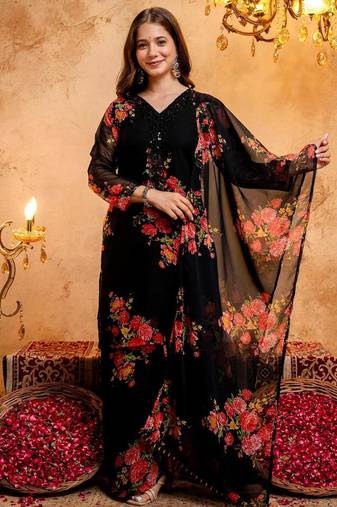 Women's Gorgeous Printed Work Faux Georgette Fabric Straight Kurta Palazzo and Dupatta Set
