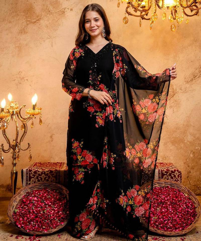 Women's Gorgeous Printed Work Faux Georgette Fabric Straight Kurta Palazzo and Dupatta Set