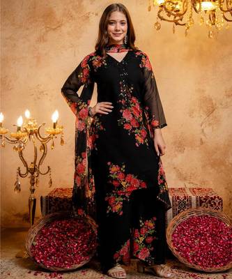 Women's Gorgeous Printed Work Faux Georgette Fabric Straight Kurta Palazzo and Dupatta Set 2