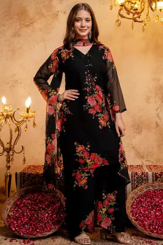 Women's Gorgeous Printed Work Faux Georgette Fabric Straight Kurta Palazzo and Dupatta Set
