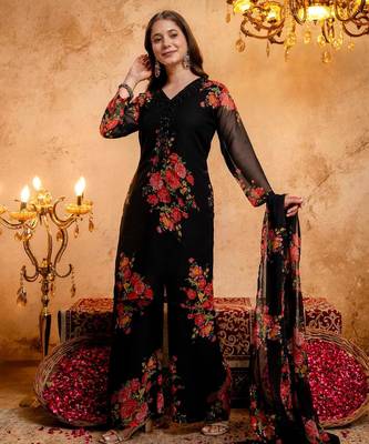 Women's Gorgeous Printed Work Faux Georgette Fabric Straight Kurta Palazzo and Dupatta Set 3