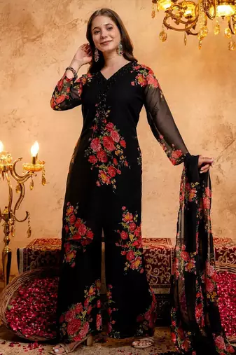 Women's Gorgeous Printed Work Faux Georgette Fabric Straight Kurta Palazzo and Dupatta Set