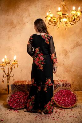 Women's Gorgeous Printed Work Faux Georgette Fabric Straight Kurta Palazzo and Dupatta Set 4