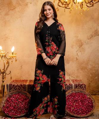 Women's Gorgeous Printed Work Faux Georgette Fabric Straight Kurta Palazzo and Dupatta Set 5