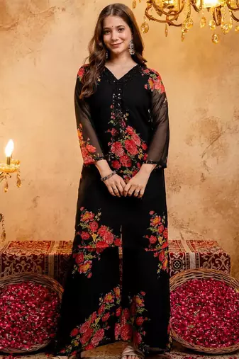 Women's Gorgeous Printed Work Faux Georgette Fabric Straight Kurta Palazzo and Dupatta Set