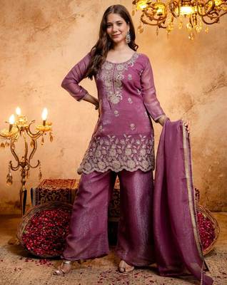 Women's Gorgeous Embroidery Work Crunchy Fabric Straight Kurta Palazzo and Dupatta Set 1