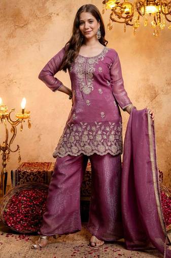 Women's Gorgeous Embroidery Work Crunchy Fabric Straight Kurta Palazzo and Dupatta Set