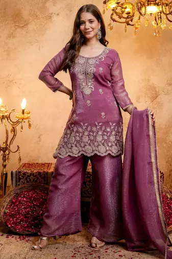 Women's Gorgeous Embroidery Work Crunchy Fabric Straight Kurta Palazzo and Dupatta Set