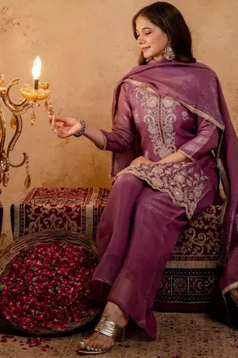 Women's Gorgeous Embroidery Work Crunchy Fabric Straight Kurta Palazzo and Dupatta Set