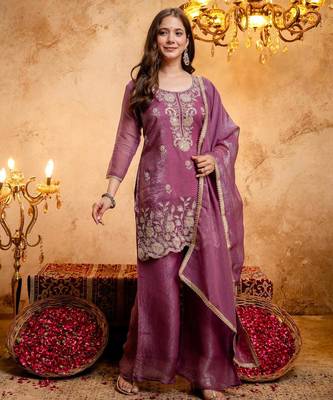 Women's Gorgeous Embroidery Work Crunchy Fabric Straight Kurta Palazzo and Dupatta Set 3