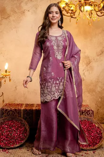 Women's Gorgeous Embroidery Work Crunchy Fabric Straight Kurta Palazzo and Dupatta Set