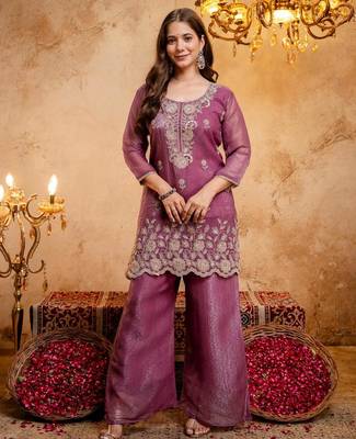 Women's Gorgeous Embroidery Work Crunchy Fabric Straight Kurta Palazzo and Dupatta Set 5