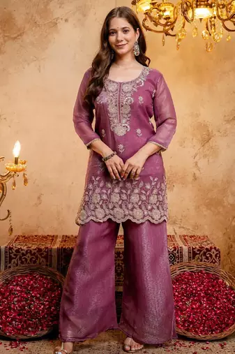 Women's Gorgeous Embroidery Work Crunchy Fabric Straight Kurta Palazzo and Dupatta Set