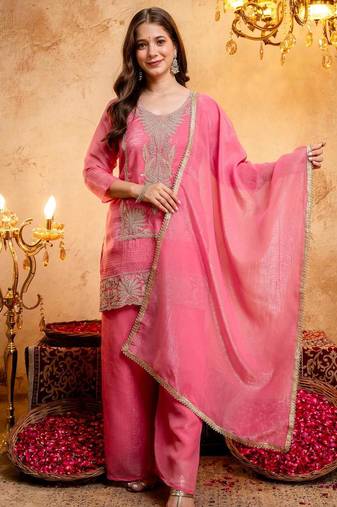 Women's Gorgeous Embroidery Work Crunchy Fabric Straight Kurta Palazzo and Dupatta Set
