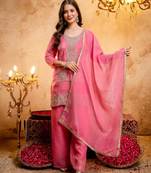 Women's Gorgeous Embroidery Work Crunchy Fabric Straight Kurta Palazzo and Dupatta Set