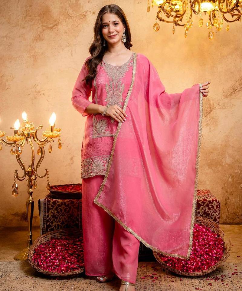 Women's Gorgeous Embroidery Work Crunchy Fabric Straight Kurta Palazzo and Dupatta Set