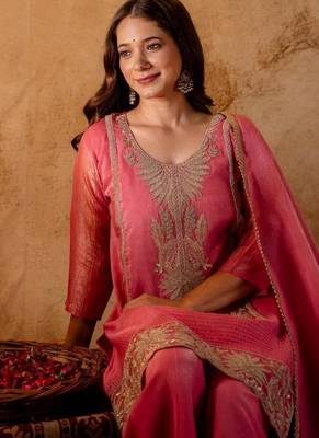 Women's Gorgeous Embroidery Work Crunchy Fabric Straight Kurta Palazzo and Dupatta Set 2