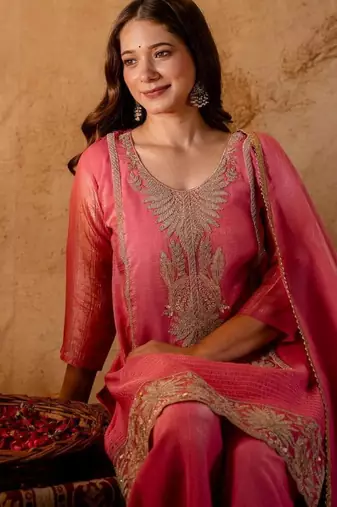 Women's Gorgeous Embroidery Work Crunchy Fabric Straight Kurta Palazzo and Dupatta Set