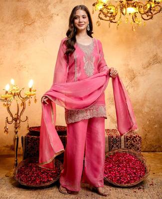 Women's Gorgeous Embroidery Work Crunchy Fabric Straight Kurta Palazzo and Dupatta Set 3