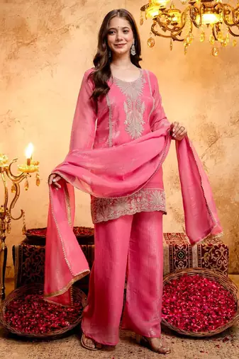 Women's Gorgeous Embroidery Work Crunchy Fabric Straight Kurta Palazzo and Dupatta Set