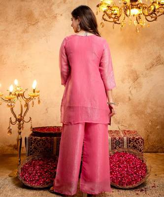 Women's Gorgeous Embroidery Work Crunchy Fabric Straight Kurta Palazzo and Dupatta Set 4