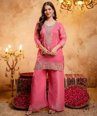 Women's Gorgeous Embroidery Work Crunchy Fabric Straight Kurta Palazzo and Dupatta Set 5