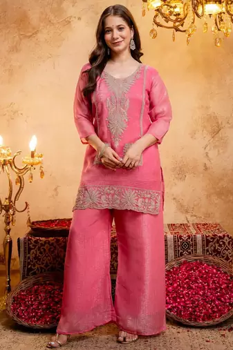 Women's Gorgeous Embroidery Work Crunchy Fabric Straight Kurta Palazzo and Dupatta Set