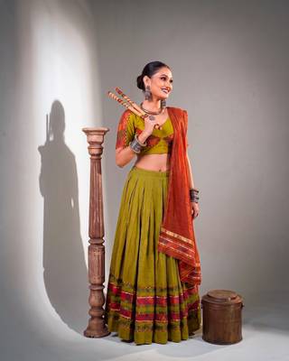 Women Olive Green Dhabu Cotton Free Size Flared Lehenga Choli with Red Dupatta Set 1
