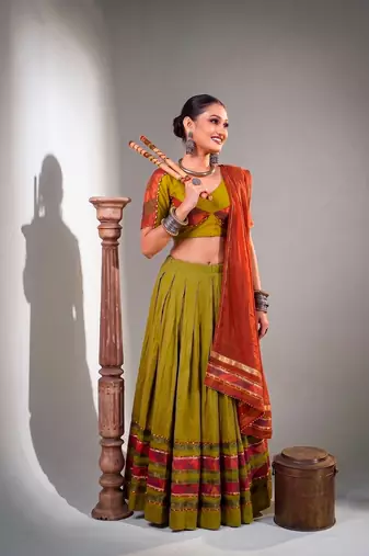 Women Olive Green Dhabu Cotton Free Size Flared Lehenga Choli with Red Dupatta Set