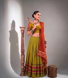 Women Olive Green Dhabu Cotton Free Size Flared Lehenga Choli with Red Dupatta Set
