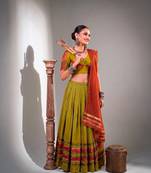 Women Olive Green Dhabu Cotton Free Size Flared Lehenga Choli with Red Dupatta Set