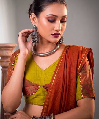 Women Olive Green Dhabu Cotton Free Size Flared Lehenga Choli with Red Dupatta Set 2