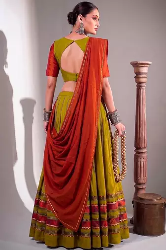 Women Olive Green Dhabu Cotton Free Size Flared Lehenga Choli with Red Dupatta Set