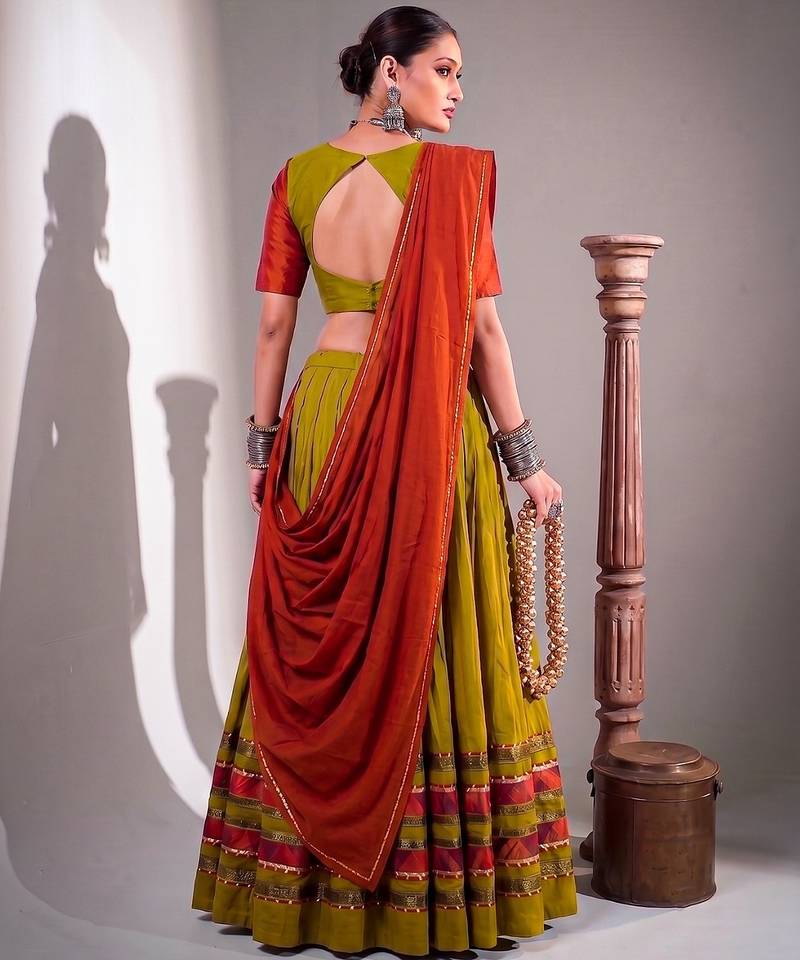 Women Olive Green Dhabu Cotton Free Size Flared Lehenga Choli with Red Dupatta Set