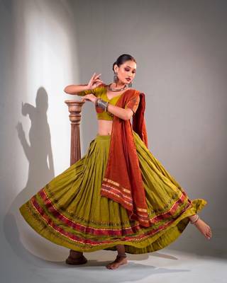 Women Olive Green Dhabu Cotton Free Size Flared Lehenga Choli with Red Dupatta Set 4
